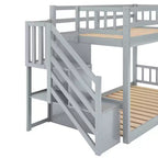 Letto a Castello Gemello su Gemello con Scala e Contenitori per Ragazzi, Letti a Castello Bassi in Legno Massello con Doghe di Supporto in Legno