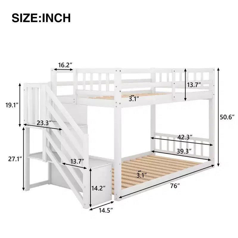 Letto a Castello Gemello su Gemello con Scala e Contenitori per Ragazzi, Letti a Castello Bassi in Legno Massello con Doghe di Supporto in Legno