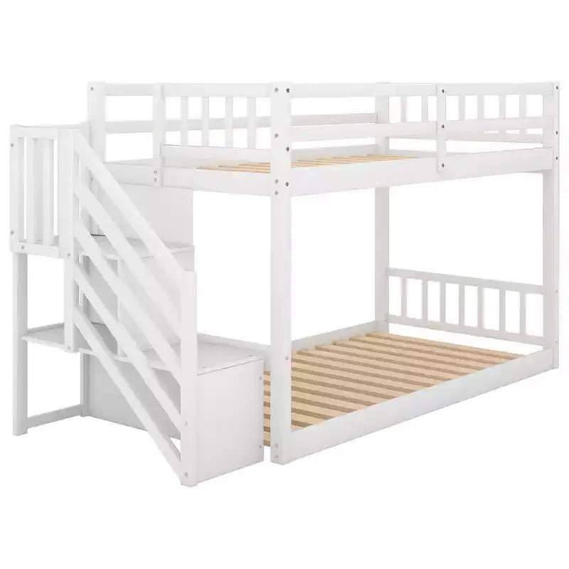 Letto a Castello Gemello su Gemello con Scala e Contenitori per Ragazzi, Letti a Castello Bassi in Legno Massello con Doghe di Supporto in Legno