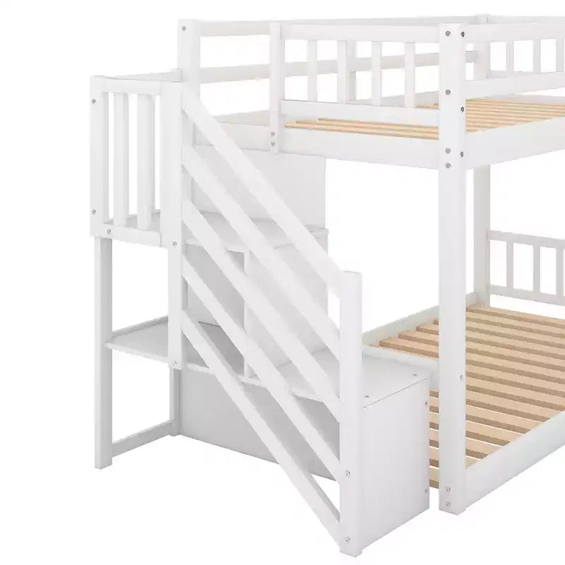 Letto a Castello Gemello su Gemello con Scala e Contenitori per Ragazzi, Letti a Castello Bassi in Legno Massello con Doghe di Supporto in Legno