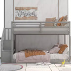 Letto a Castello Gemello su Gemello con Scala e Contenitori per Ragazzi, Letti a Castello Bassi in Legno Massello con Doghe di Supporto in Legno