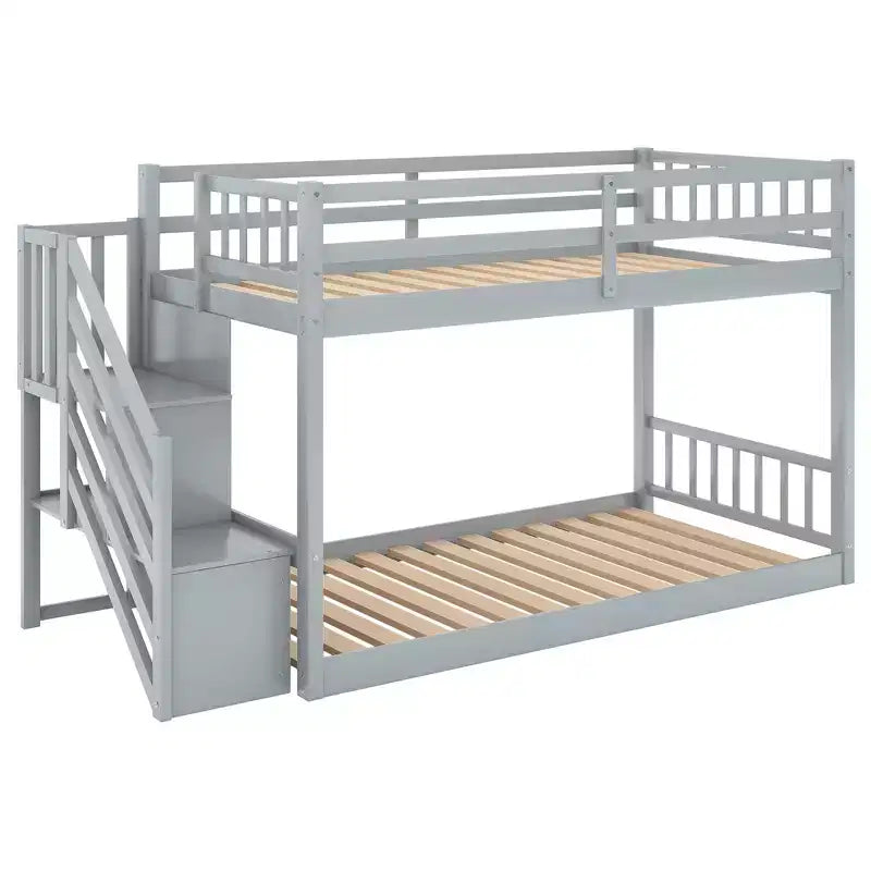 Letto a Castello Gemello su Gemello con Scala e Contenitori per Ragazzi, Letti a Castello Bassi in Legno Massello con Doghe di Supporto in Legno
