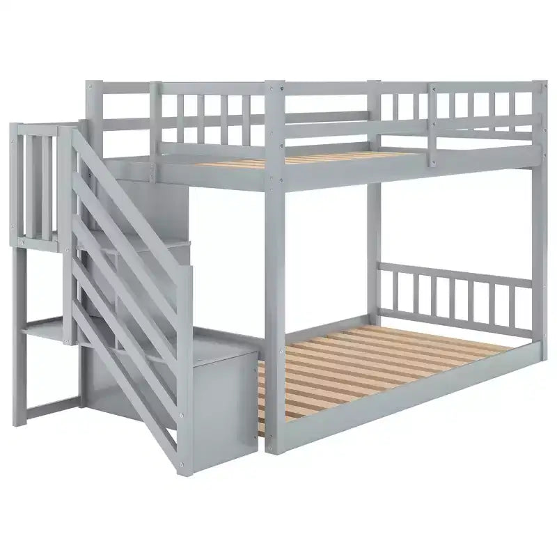 Letto a Castello Gemello su Gemello con Scala e Contenitori per Ragazzi, Letti a Castello Bassi in Legno Massello con Doghe di Supporto in Legno