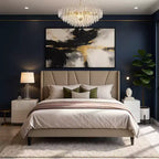 Struttura letto a piattaforma con testiera geometrica ad ali, letto moderno imbottito con supporto a doghe in legno, nessun box spring necessario, facile montaggio
