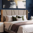 Struttura letto a piattaforma con testiera geometrica ad ali, letto moderno imbottito con supporto a doghe in legno, nessun box spring necessario, facile montaggio