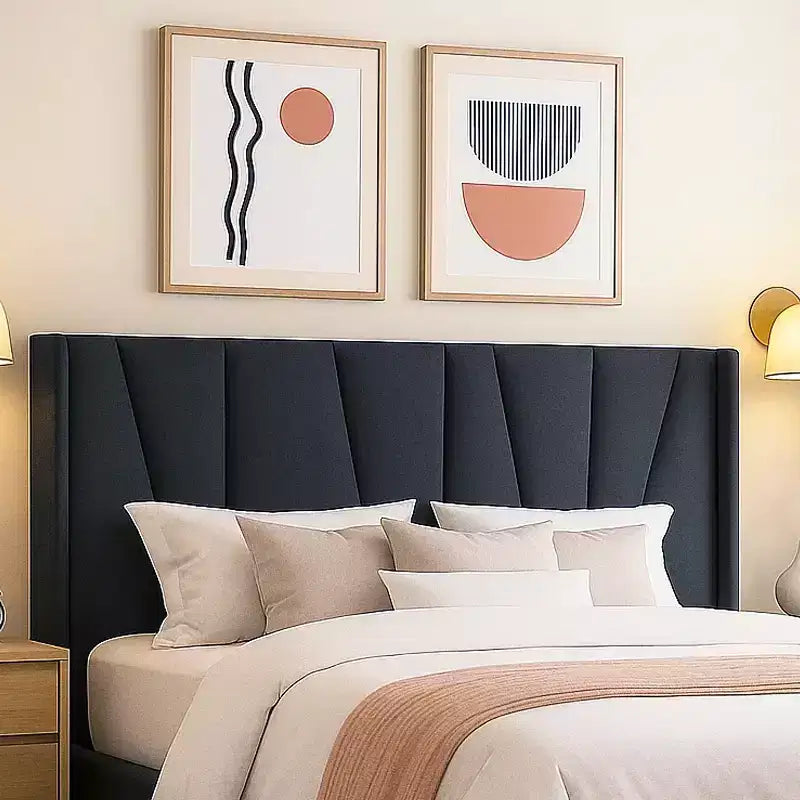 Struttura letto a piattaforma con testiera geometrica ad ali, letto moderno imbottito con supporto a doghe in legno, nessun box spring necessario, facile montaggio