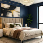 Struttura letto a piattaforma con testiera geometrica ad ali, letto moderno imbottito con supporto a doghe in legno, nessun box spring necessario, facile montaggio
