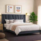 Struttura letto a piattaforma con testiera geometrica ad ali, letto moderno imbottito con supporto a doghe in legno, nessun box spring necessario, facile montaggio