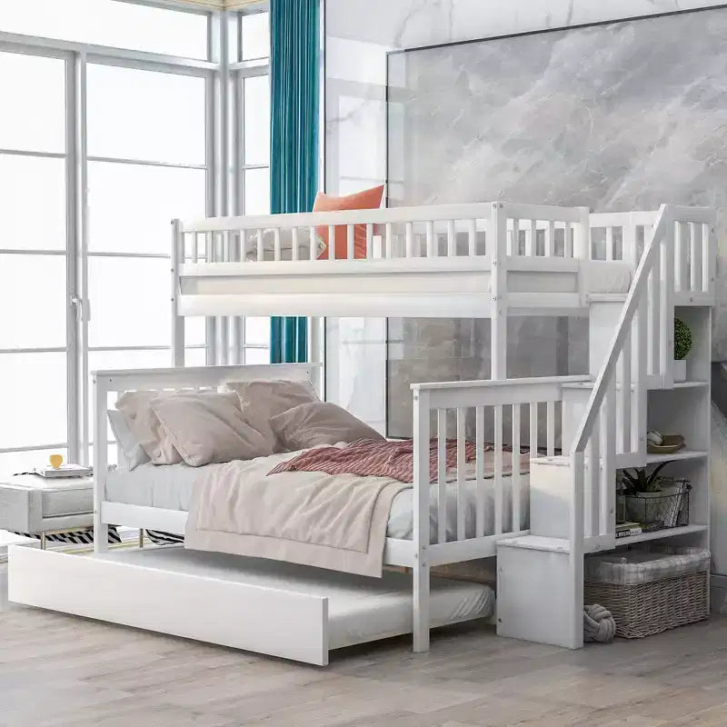 Letto a Castello con Letto Estraibile e Scala Contenitore, Letto a Castello a Scala in Legno Massello per Bambini Ragazzi Adulti