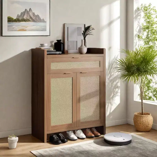 41 Tall Wooden Shoe Cabinet with 2 Doors, Drawer, 6-Tier Farmhouse Storage Cabinet for Home