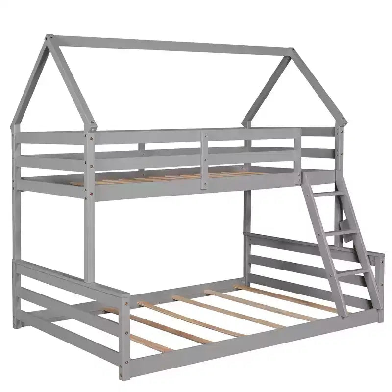 Letto a castello in legno, con struttura a casetta in legno massiccio, scaletta incorporata, convertibile in 2 letti singoli, letto a castello a terra per bambini e ragazzi