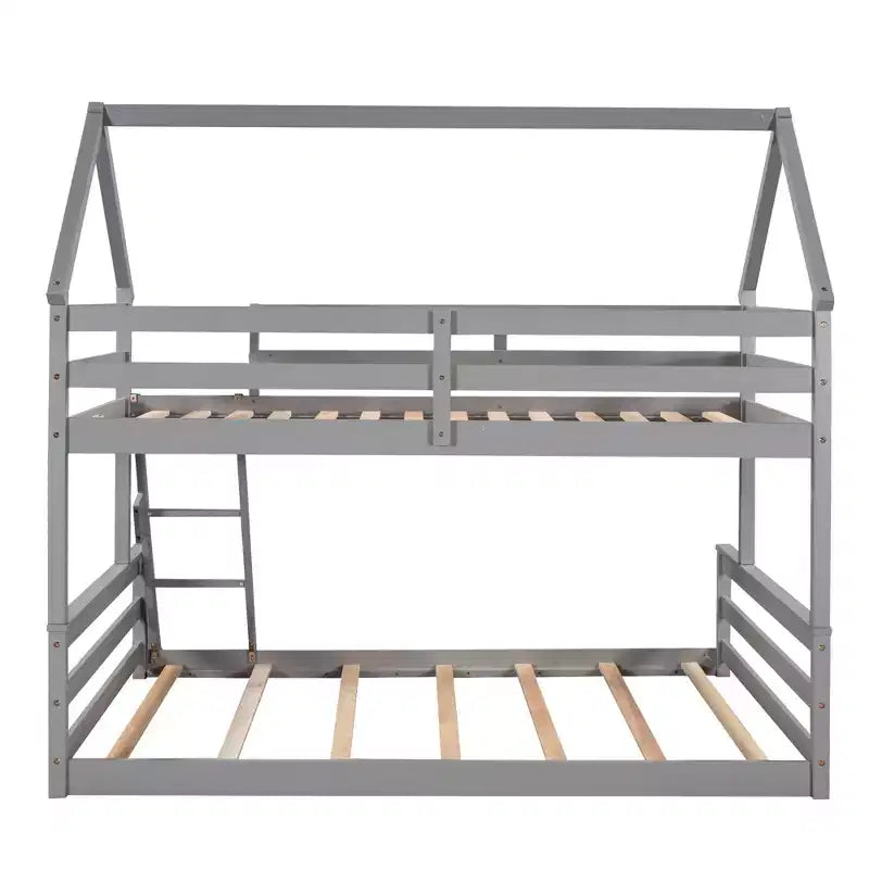 Letto a castello in legno, con struttura a casetta in legno massiccio, scaletta incorporata, convertibile in 2 letti singoli, letto a castello a terra per bambini e ragazzi