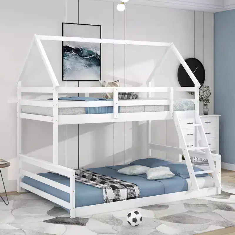 Letto a castello in legno, con struttura a casetta in legno massiccio, scaletta incorporata, convertibile in 2 letti singoli, letto a castello a terra per bambini e ragazzi