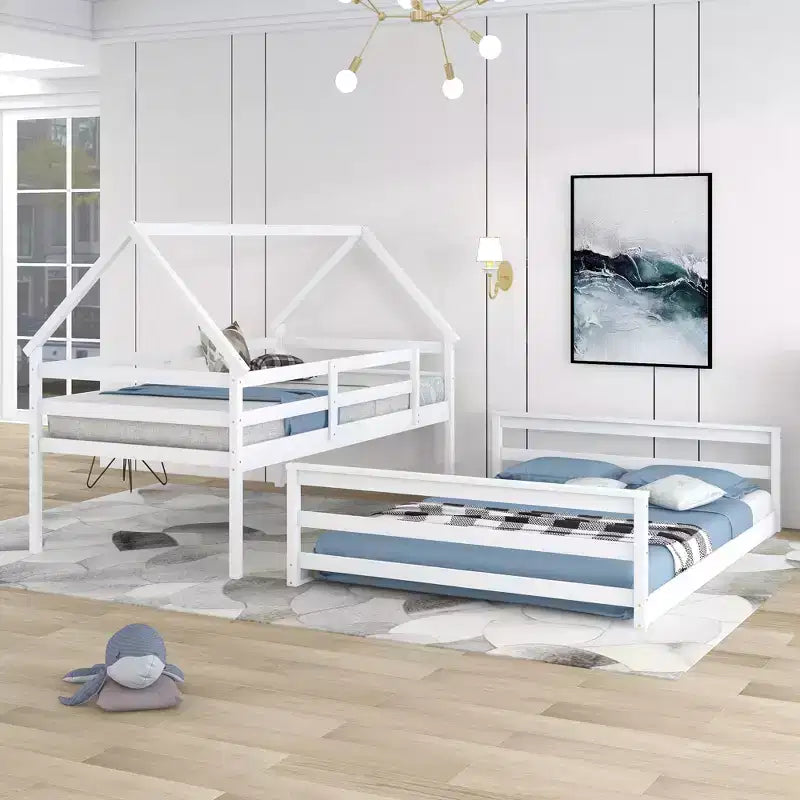 Letto a castello in legno, con struttura a casetta in legno massiccio, scaletta incorporata, convertibile in 2 letti singoli, letto a castello a terra per bambini e ragazzi