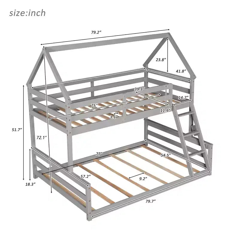 Letto a castello in legno, con struttura a casetta in legno massiccio, scaletta incorporata, convertibile in 2 letti singoli, letto a castello a terra per bambini e ragazzi