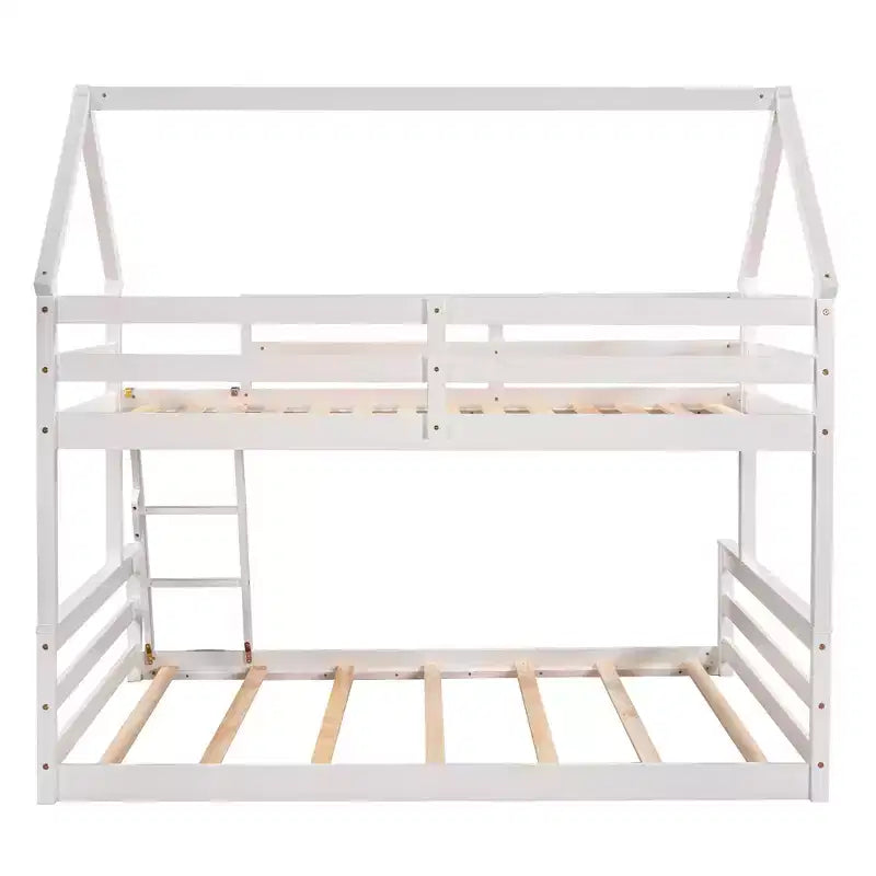 Letto a castello in legno, con struttura a casetta in legno massiccio, scaletta incorporata, convertibile in 2 letti singoli, letto a castello a terra per bambini e ragazzi