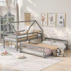 Letto a castello in legno, con struttura a casetta in legno massiccio, scaletta incorporata, convertibile in 2 letti singoli, letto a castello a terra per bambini e ragazzi