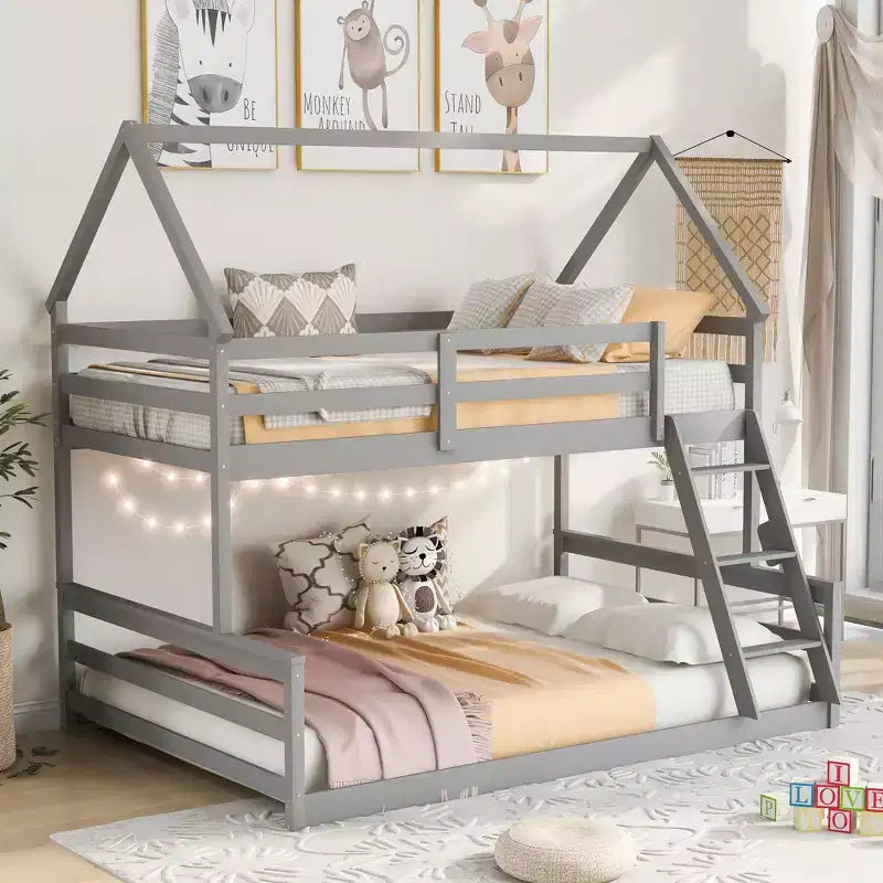Letto a castello in legno, con struttura a casetta in legno massiccio, scaletta incorporata, convertibile in 2 letti singoli, letto a castello a terra per bambini e ragazzi