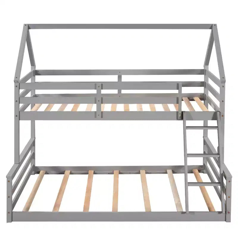 Letto a castello in legno, con struttura a casetta in legno massiccio, scaletta incorporata, convertibile in 2 letti singoli, letto a castello a terra per bambini e ragazzi