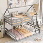 Wood Twin over Full Bunk Bed, Solid Wood House Bed Frame Built in Ladder, Convertible to 2 Beds, Floor Bunk Bed for Kids Teens