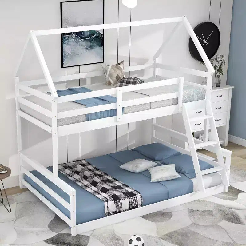 Letto a castello in legno, con struttura a casetta in legno massiccio, scaletta incorporata, convertibile in 2 letti singoli, letto a castello a terra per bambini e ragazzi