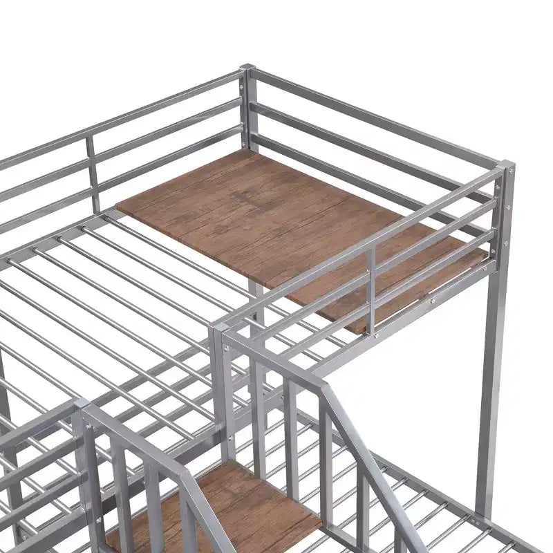 Letto a castello triplo a L per 3 bambini, letto a castello in metallo a una piazza e mezza con scaletta e ripiani portaoggetti