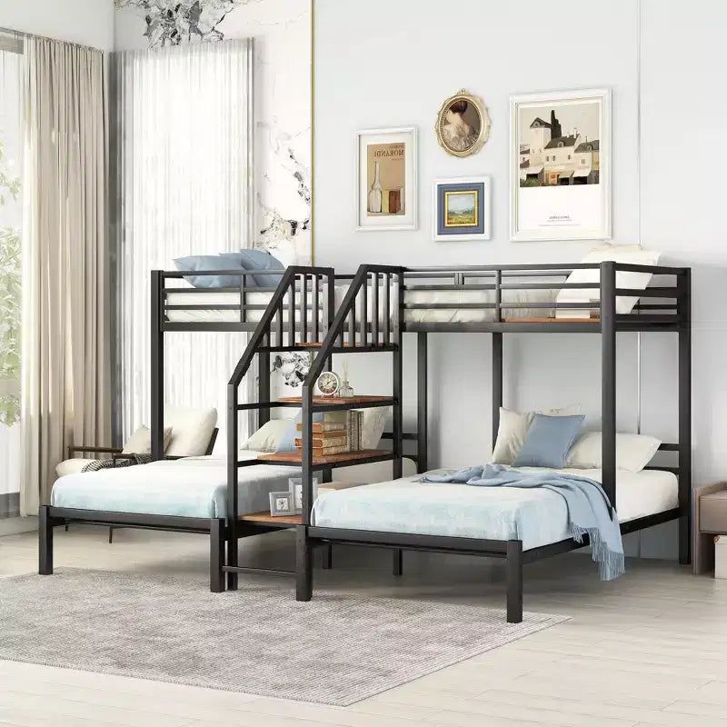 Letto a castello triplo a L per 3 bambini, letto a castello in metallo a una piazza e mezza con scaletta e ripiani portaoggetti