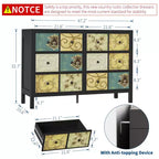 Cassettiera Rustica in Legno con 6 Cassetti e Maniglie in Metallo, Decorazione Floreale Retrò per Camera da Letto, Soggiorno, Dipinto Floreale, Nero