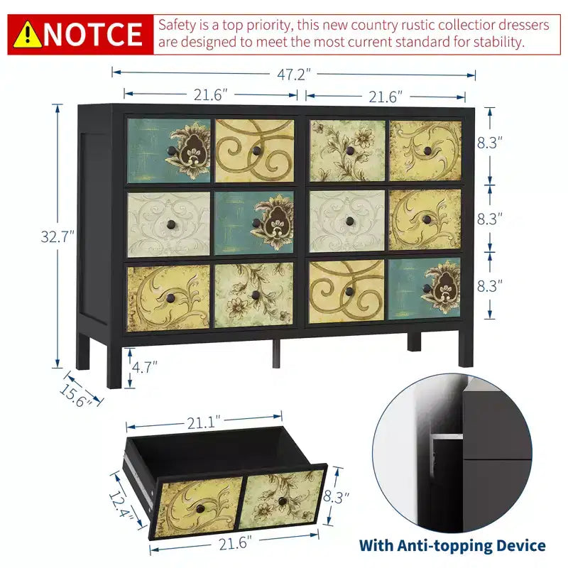Cassettiera Rustica in Legno con 6 Cassetti e Maniglie in Metallo, Decorazione Floreale Retrò per Camera da Letto, Soggiorno, Dipinto Floreale, Nero