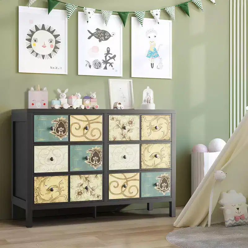 Cassettiera Rustica in Legno con 6 Cassetti e Maniglie in Metallo, Decorazione Floreale Retrò per Camera da Letto, Soggiorno, Dipinto Floreale, Nero