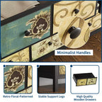 Cassettiera Rustica in Legno con 6 Cassetti e Maniglie in Metallo, Decorazione Floreale Retrò per Camera da Letto, Soggiorno, Dipinto Floreale, Nero