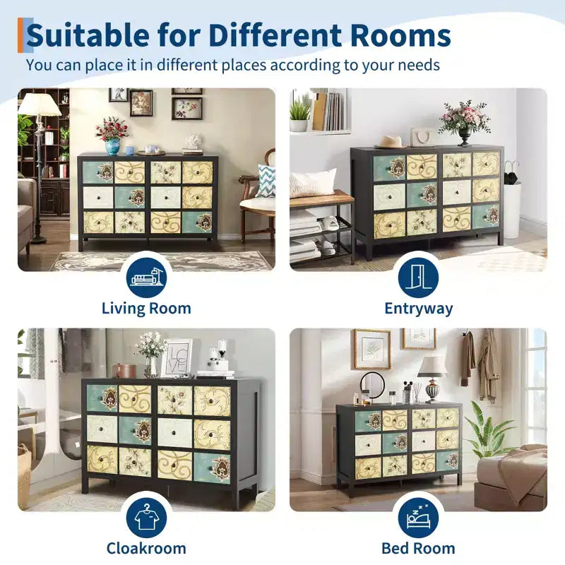 Cassettiera Rustica in Legno con 6 Cassetti e Maniglie in Metallo, Decorazione Floreale Retrò per Camera da Letto, Soggiorno, Dipinto Floreale, Nero