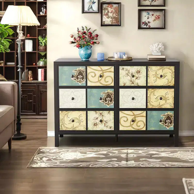 Cassettiera Rustica in Legno con 6 Cassetti e Maniglie in Metallo, Decorazione Floreale Retrò per Camera da Letto, Soggiorno, Dipinto Floreale, Nero