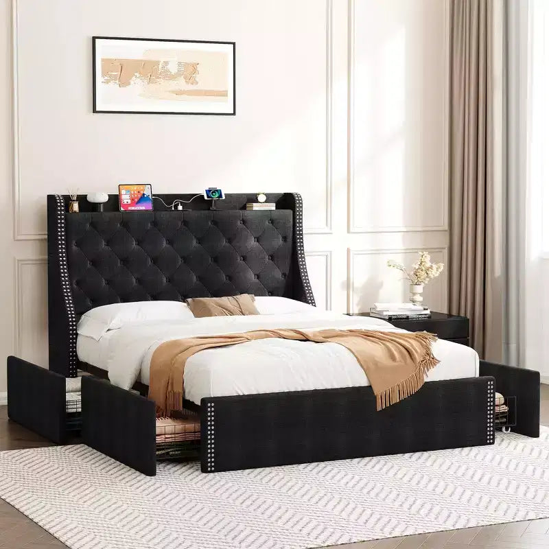 Bed Frame, Platform Bed with Velvet Upholstered Wingback Headboard - Wooden Slat Support, No Box Spring Needed, Easy Assembly