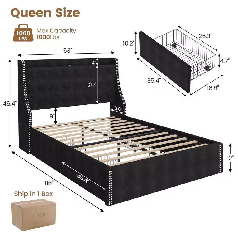 Struttura letto, letto a piattaforma con testiera alettata rivestita in velluto - Supporto a doghe in legno, nessun box spring necessario, facile montaggio