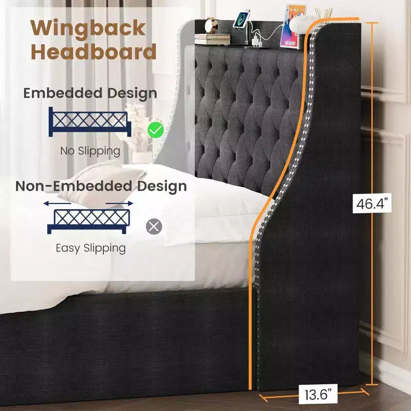 Struttura letto, letto a piattaforma con testiera alettata rivestita in velluto - Supporto a doghe in legno, nessun box spring necessario, facile montaggio