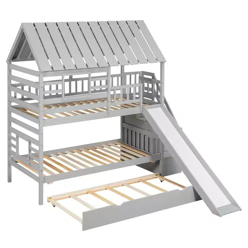Letto a Castello con Scivolo, Letto a Castello Singolo con Scala Contenitore e Letto Estraibile, Letto a Castello in Legno per Bambini con Tetto e Finestra