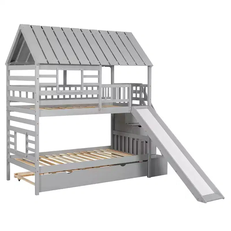 Letto a Castello con Scivolo, Letto a Castello Singolo con Scala Contenitore e Letto Estraibile, Letto a Castello in Legno per Bambini con Tetto e Finestra