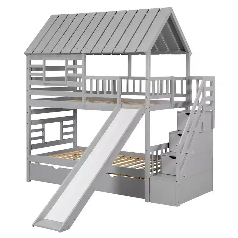 Letto a Castello con Scivolo, Letto a Castello Singolo con Scala Contenitore e Letto Estraibile, Letto a Castello in Legno per Bambini con Tetto e Finestra