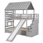 Letto a Castello con Scivolo, Letto a Castello Singolo con Scala Contenitore e Letto Estraibile, Letto a Castello in Legno per Bambini con Tetto e Finestra