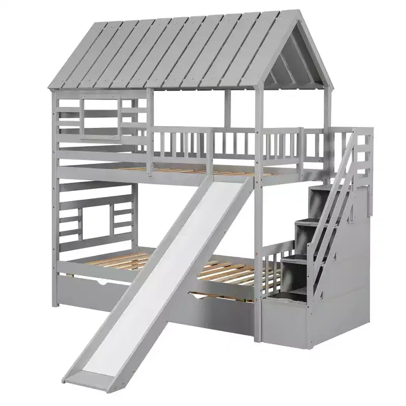 Letto a Castello con Scivolo, Letto a Castello Singolo con Scala Contenitore e Letto Estraibile, Letto a Castello in Legno per Bambini con Tetto e Finestra