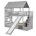 Letto a Castello con Scivolo, Letto a Castello Singolo con Scala Contenitore e Letto Estraibile, Letto a Castello in Legno per Bambini con Tetto e Finestra