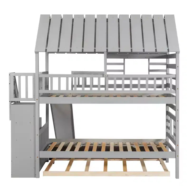 Letto a Castello con Scivolo, Letto a Castello Singolo con Scala Contenitore e Letto Estraibile, Letto a Castello in Legno per Bambini con Tetto e Finestra