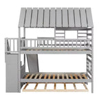 Letto a Castello con Scivolo, Letto a Castello Singolo con Scala Contenitore e Letto Estraibile, Letto a Castello in Legno per Bambini con Tetto e Finestra