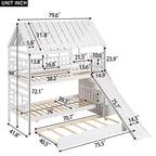 Letto a Castello con Scivolo, Letto a Castello Singolo con Scala Contenitore e Letto Estraibile, Letto a Castello in Legno per Bambini con Tetto e Finestra