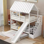 Letto a Castello con Scivolo, Letto a Castello Singolo con Scala Contenitore e Letto Estraibile, Letto a Castello in Legno per Bambini con Tetto e Finestra