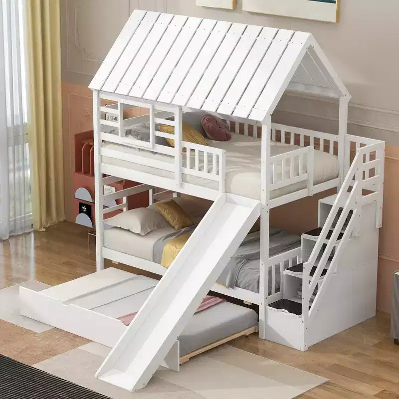 Letto a Castello con Scivolo, Letto a Castello Singolo con Scala Contenitore e Letto Estraibile, Letto a Castello in Legno per Bambini con Tetto e Finestra