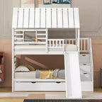 Letto a Castello con Scivolo, Letto a Castello Singolo con Scala Contenitore e Letto Estraibile, Letto a Castello in Legno per Bambini con Tetto e Finestra