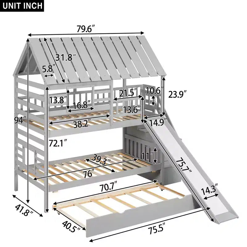 Letto a Castello con Scivolo, Letto a Castello Singolo con Scala Contenitore e Letto Estraibile, Letto a Castello in Legno per Bambini con Tetto e Finestra