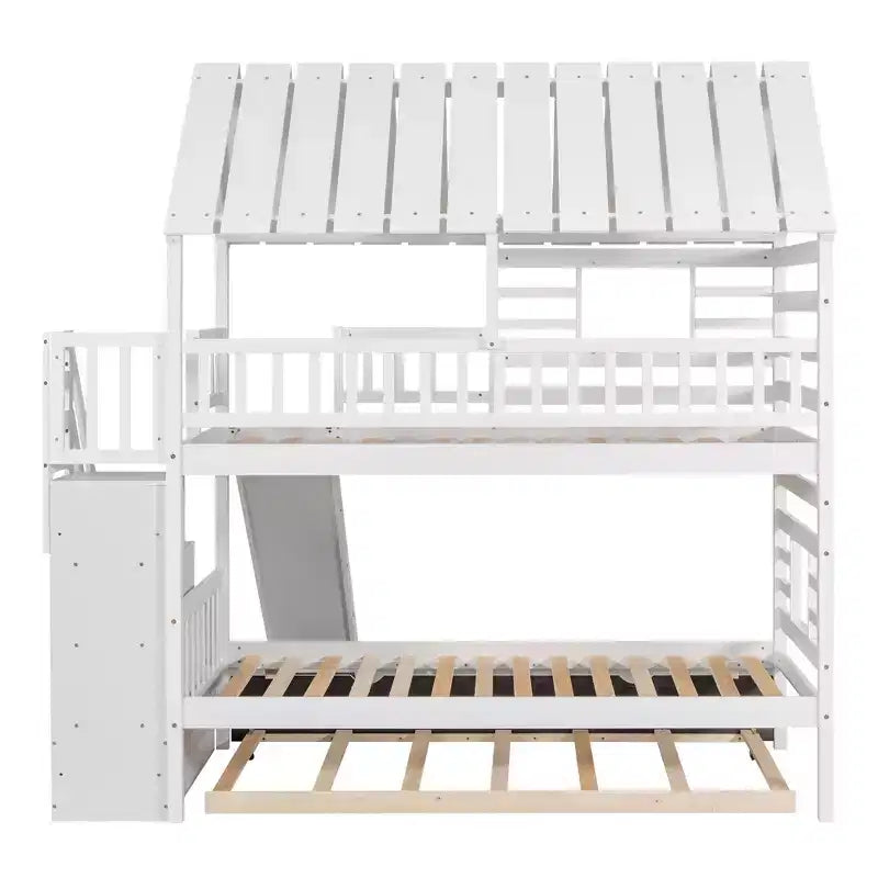 Letto a Castello con Scivolo, Letto a Castello Singolo con Scala Contenitore e Letto Estraibile, Letto a Castello in Legno per Bambini con Tetto e Finestra